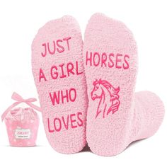 Horse Socks For GirlsThese light pink fuzzy socks for her feature a funny saying "JUST A GIRL WHO LOVES HORSES" printed on the soles. They are fun and sassy, making them funny equestrian gifts.Size & MaterialFits for 7-10 years old girls. These fluffy socks are made of plush coral fleece, providing ultimate comfort and warmth. Our fuzzy socks also feature non-slip soles, ensuring your safety on wood and tile floors.Cupcake PackagingTo ensure eas... Dino Gifts, Pink Fuzzy Socks, Horse Socks, Gifts For Daughters, Dinosaur Socks, Animal Socks, Duck Gifts, Chicken Gifts, Fluffy Socks