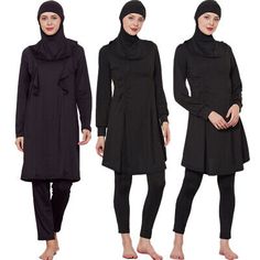 Trendy Fashion Women Muslim 3pcs Modest Swimsuit Burkini Full Cover Swimwear Islamic Swimming, Women's Swimwear Beach Sets With Solid Color And Long Sleeves, Solid Long Sleeve Beach Sets, Fitted Solid Color Beach Sets, Fitted Black Beach Set, Fitted Black Beachwear Sets, Black Stretch Beachwear Sets, Casual Fitted 3-piece Set, Fitted Long Sleeve Beachwear Set, Beach Sets With Long Sleeves