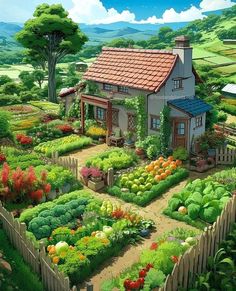 a painting of a garden with a house in the middle and lots of vegetables growing around it