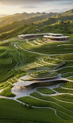 an aerial view of a green landscape with mountains in the background and curved walkways on each side