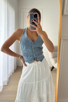 Denim vest Model is wearing size Small Dress And Jacket Set, Chic Office, Summer Fits, Top Sales, New Arrival Dress, Clothes Collection, Denim Vest, Simple Outfits, Jacket Dress