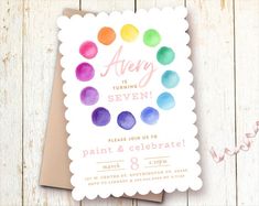 this is an image of a birthday party card with watercolor dots on the front