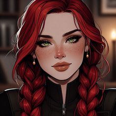 a woman with red hair and green eyes