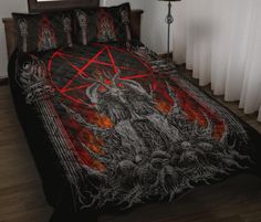 Skull Satanic Goat Satanic Pentagram Flame Quilt 3 Piece Set Silver Version-Satanic Occult Bedding-Satanic Quilt-All of our Quilt Bed Sets are custom-made-to-order and handcrafted to the highest quality standards. Each quilt features a premium polyester print for beautiful color vibrancy, even after washing. Constructed from an ultra-soft polyester fabric with a hypo-allergenic cotton filling. The diamond stitched pattern gives a luxurious feel that is cozy and breathable, perfect for all year r Occult Bedding, Cat Shrine, Goth Satanic, Satanic Pentagram, Satanic Goat, Skull Duvet Cover, Gothic Bed, Red Goth, Inverted Pentagram