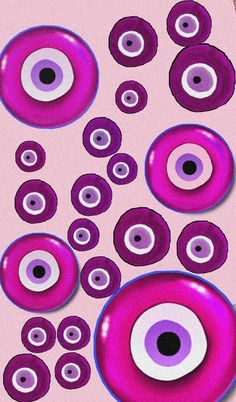 an assortment of purple and white eyeballs on a pink background with black dots in the middle