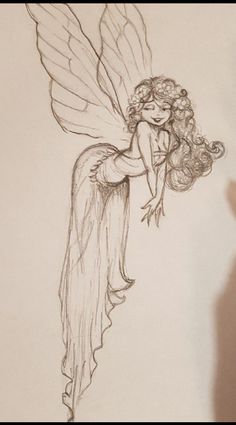 a pencil drawing of a fairy holding onto a flower with her wings spread wide open