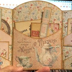 an open book with many different things on it's cover, including teapots and