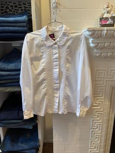 peter pan collar blouse Tagged Size: L Pit to Pit: 20" Length: 26" Arm: 22" Price: $27 SHIP TO CANADA & USA ONLY  ALL SALES FINAL  IG: @ judyjeanvintage  27 William St. Paris ON.  #vintage #cottagecore #poet #dresshirt #white Fitted Tops With Cute Collar For Work, Fall Daywear Shirt With Striped Collar, Fall Season Striped Collar Shirt For Daywear, Fall Collared Blouse With Placket, Fall Cotton Blouse With Cute Collar, Fall Blouse With Collar And Placket, Cotton Blouse With Cute Collar For Fall, Classic Cotton Tops With Peter Pan Collar, Casual Shirt With Ruffled Collar For Fall