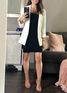 White Blazer Black Dress, Black Dress White Jacket, Black Dress With Suit Jacket, Business Dress With Blazer, Black Dress With White Blazer, Black Dress Interview Outfit, Skirt And Blazer Outfit Business, Dress Under Blazer, Black Dress White Blazer