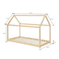 a wooden bed frame with measurements for the top and bottom bunks on each side