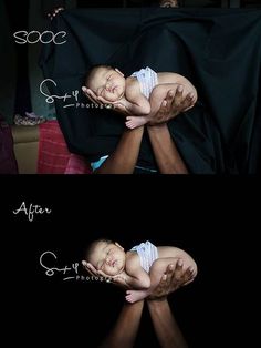 two photos of a baby being held by someone's hands with the caption before and after photography