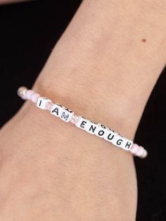 This adorable little bracelet features colorful beads to make up the stretchy bracelet silhouette along with the I AM ENOUGH message featured. Perfect for yourself or a gift! Bead Word Bracelet Ideas, I Am Second, Girls Camp Crafts, Bracelet Quotes, I Am Enough, Word Bracelet, Girls Camp, Stretchy Bracelets, Camping Crafts