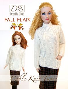 the doll is wearing a white sweater and black pants