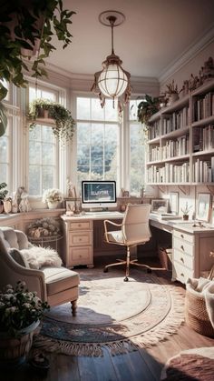 a home office with lots of bookshelves and plants in the window sill