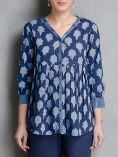 Indigo Hand Block Printed Cotton Top by Aavaran Handblock Print Dress, Cotton Short Tops For Jeans, Cotton Tops Designs For Jeans, Short Tops For Jeans, Cotton Tops For Jeans, Printed Tunics, Cotton Tunics For Women, Tunic Tops Pattern, Short Kurti Designs