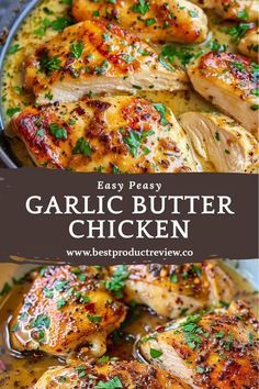 garlic butter chicken in a skillet with text overlay