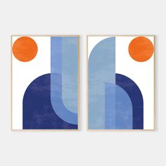 two blue and orange art prints on a wall