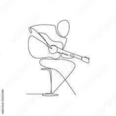 a continuous drawing of a man playing the guitar with his legs crossed and head tilted back