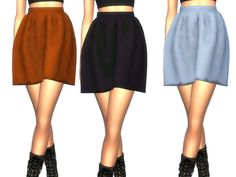 three different colored skirts with black tops and high heeled boots, all in the same color