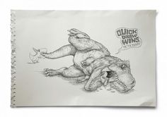 a black and white drawing of a crocodile laying on its back with a thought bubble above it