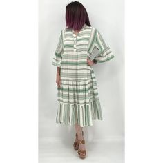 Boho Midi Dress Womens One Size Cream Green Woven Geometric Pattern Tiered Perfect For Vacation, Beach Or Pool Woven Tribal Geometric Pattern Bell Sleeve 3/4 Length Collarless V-Neck Button Closure Model Is 5'4" Size S 2/4 One Size-Best Fits S-L Made In Italy Could Also Work For Maternity Condition: New With Tags, May Have Minor Irregularities Due To The Nature Of The Fabric, No Flaws Color: White, Green Material: Cotton, Viscose Woven Bust 22.5” Waist 29” Hip 31.5” Length 46” - All Measurements Bohemian Striped Midi Dress For Spring, Spring Bohemian Striped Midi Dress, Cuffed Sleeve Dress, Lace Front Dress, Split Hem Dress, Dress Tight, Boho Midi Dress, Lace Overlay Dress, Halter Midi Dress