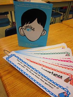 a book sitting on top of a wooden table next to four papers with writing on them