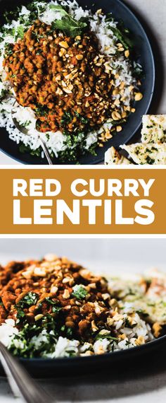 red curry lentils in a bowl with rice and garnish on the side