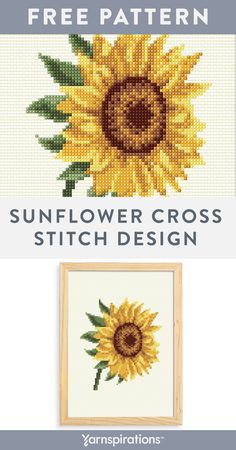 the sunflower cross stitch pattern is shown in three different colors and sizes, including one with