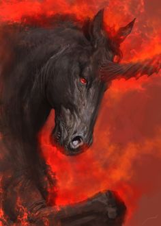 a painting of a black horse with red eyes