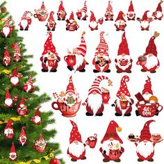 a christmas tree with many gnomes around it and decorations on the top, including santa's hats