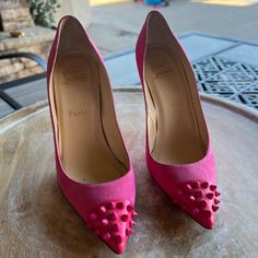 Hot Pink Suede Studded Patent Leather Cap Toe Geo 120 Size 37.5 Leather Cap, Patent Leather Pumps, Pink Suede, Christian Louboutin Shoes, Shoes Women Heels, Patent Leather, Christian Louboutin, Hot Pink, Shoes Heels