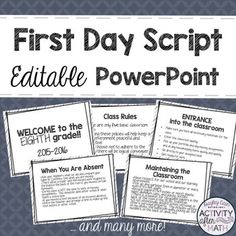 the first day script editable powerpoint is shown in black and white with text