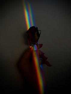 a person's hand holding a rose with rainbow light coming from the end of it