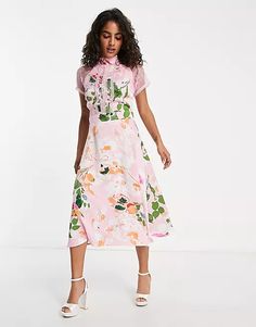 Liquorish Petite a line lace detail midi dress in floral | ASOS Spring A-line Midi Dress With Lace Trim, Feminine Midi Dress With Floral Print, Floral Print Chiffon Midi Dress For Garden Party, Spring Knee-length Midi Dress With Lace Trim, Spring Midi Dress With Lace Trim, Knee-length, Feminine Floral Print Midi Dress With Short Sleeves, Feminine Spring Midi Dress With Lace Trim, Feminine Floral Print Midi Dress, Pink Lace Midi Dress With Lace Trim