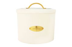 a white container with gold handles and a handle on the top that says, hello