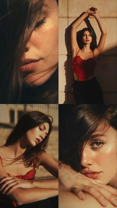 four different pictures of a woman in red top and black skirt with her hands on her head