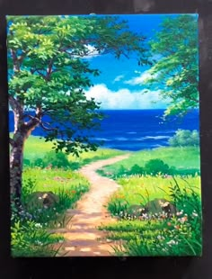 an oil painting of a path leading to the ocean with trees and flowers on either side