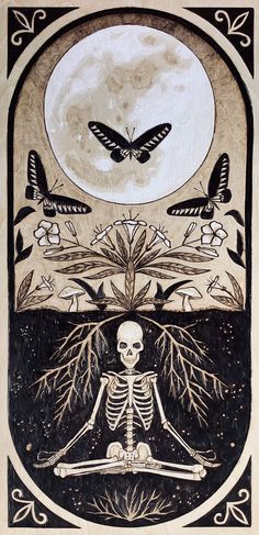 a drawing of a skeleton sitting in front of a full moon with butterflies flying over it