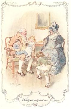 an old fashioned drawing of a family sitting at a table with their child's hands in