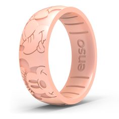 a pink ring with mickey mouse design on the front and side, against a white background