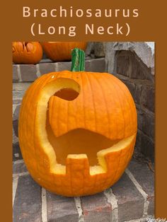 a carved pumpkin with the words brachiosaurusus long neck