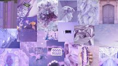 a collage of purple and white images