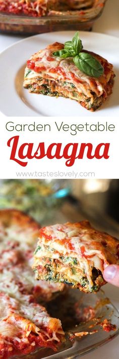 a close up of a pizza on a plate with the words garden vegetable lasagna