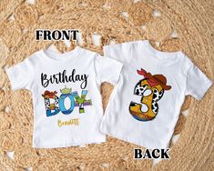 two children's birthday shirts with the same character on them