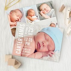 a birth announcement card with photos of babies on it and a wooden block next to it