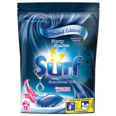 the bag of soft laundry deterant is blue and has pink flowers on it,