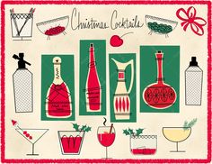 an old fashioned christmas card with bottles, glasses and other holiday related items on it