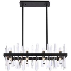 a black chandelier with clear glass tubes hanging from it's center beam