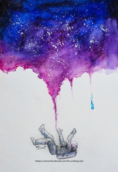 a drawing of a person falling down from the sky with purple and blue paint on it