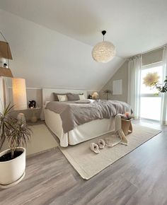 a bedroom with white walls and wooden floors, large bed in the middle, potted plants on the floor